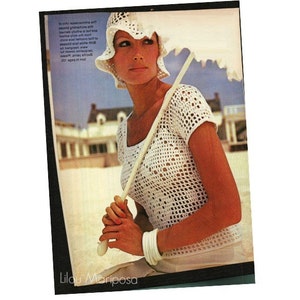Crochet Pattern Vintage 70s Filet Crochet Blouse and Hat Set-Crochet Lot-Bohemian Clothing-Retro Crochet Top- Digital Pattern Vtg DIY image 2