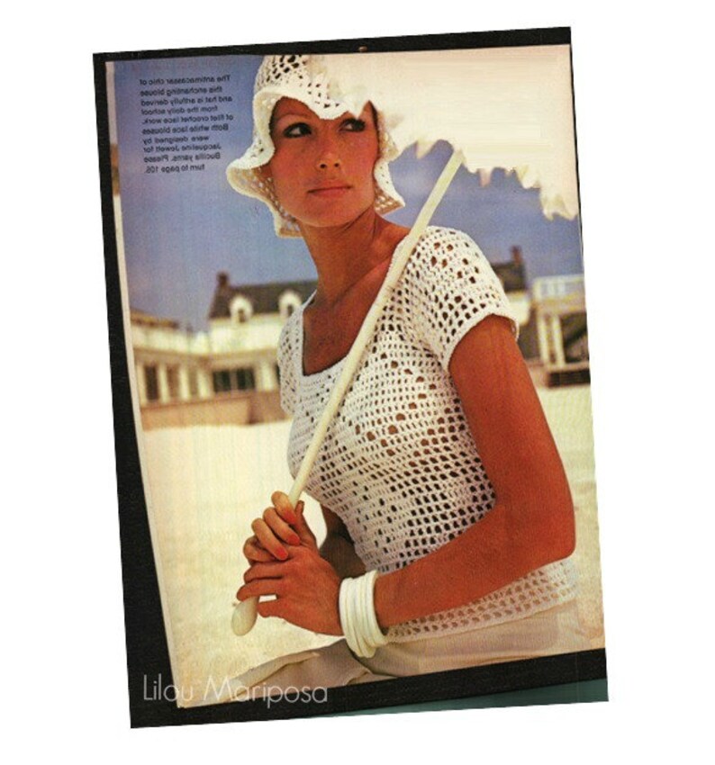 Crochet Pattern Vintage 70s Filet Crochet Blouse and Hat Set-Crochet Lot-Bohemian Clothing-Retro Crochet Top- Digital Pattern Vtg DIY image 2