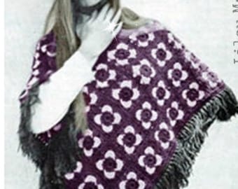 Crochet PONCHO Pattern Vintage 70s Crochet shawl Pattern Poncho Pattern Granny Square Poncho Pattern Crochet HAT Pattern Granny square Hat