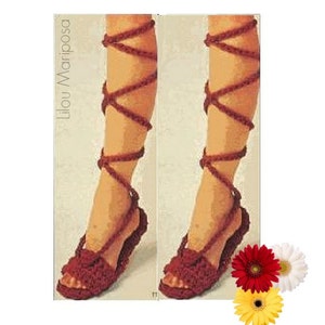 May include: Two images of a foot wearing a burgundy crochet sandal with wrap-around ankle ties. The sandals have a textured design on the footbed and a floral accent on the toe. The text "Lilou Mariposa" is in the upper left corner. Three colorful gerbera daisies are in the lower right corner.