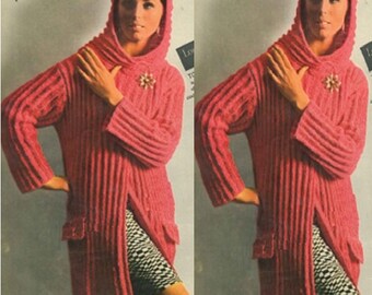 Vintage 60s Knitted Hooded Coat Pattern Knit Jacket Pattern Knit Sweater Pattern Knit Hooded jacket pattern