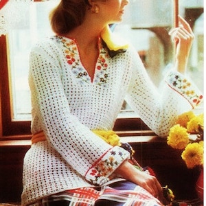 Crochet Top Pattern Crochet MEXICAN Embroidered PULLOVER Top Pattern Vintage 70s embroidered sweater pattern Bohemian Clothing image 1