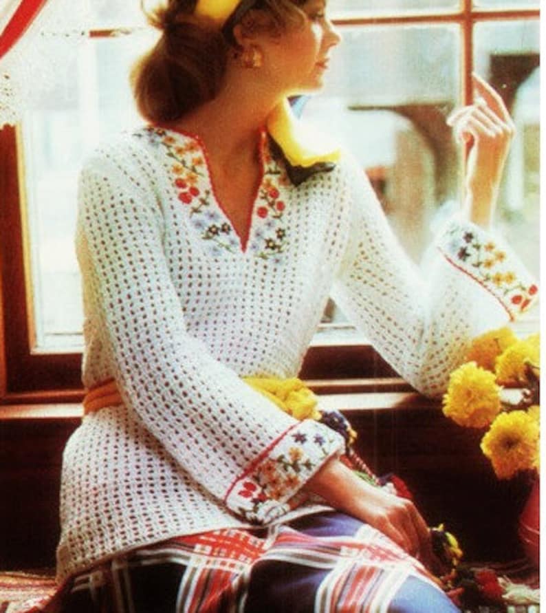 Crochet Top Pattern Crochet MEXICAN Embroidered PULLOVER Top Pattern Vintage 70s embroidered sweater pattern Bohemian Clothing image 1