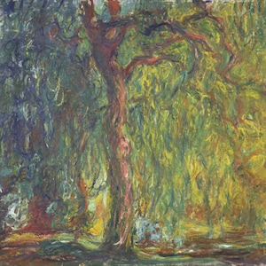 Puede incluir: Una pintura de un gran árbol con hojas verdes y amarillas. El tronco del árbol es de color marrón rojizo. El fondo es un desenfoque de verde y amarillo.