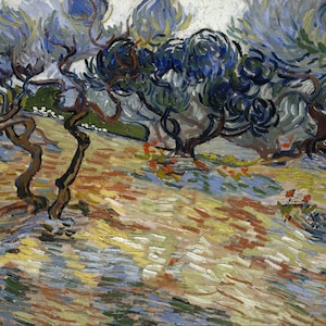 May include: A painting of a landscape with olive trees in the foreground. The trees have thick, twisted trunks and branches. The background is a hazy blue and green, with hints of yellow and orange. The painting is done in a style that is characteristic of Vincent van Gogh.
