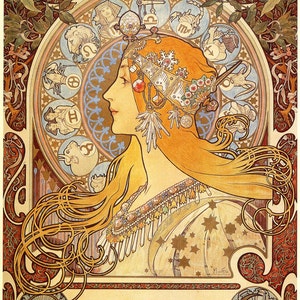 Zodiac by Alphonse Mucha, 12"x16", Giclee Print on Canvas, flat print, not framed or stretched