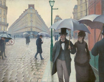 Puede incluir: Una pintura que representa una escena de calle parisina en un día lluvioso. La gente camina bajo paraguas, y los edificios son altos y estrechos. La calle es adoquinada y mojada.