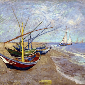 May include: A painting of three boats on a beach with a blue sky and white clouds. The boats are green, red, and blue. The water is blue and there are white sails in the distance.
