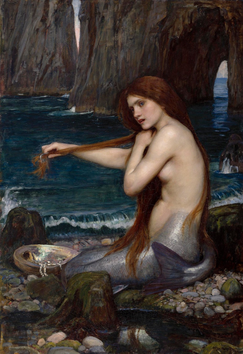 A Mermaid by John William Waterhouse, in various sizes, Giclee Canvas Print, flat print, not framed or stretched image 1