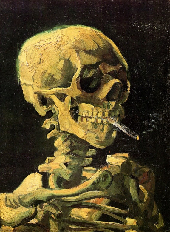 Skull With Burning Cigarette by Vincent Van Gogh, Giclee Canvas Print, flat  print, not framed or stretched