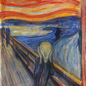 May include: An expressionist painting showing a figure screaming, with hands on its face. The background includes a bridge, water, and a sky with red, orange, and yellow colours. The artwork is signed and dated.