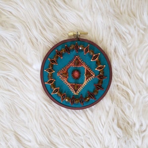 Teal and Brown Beadwork and Embroidery Original Art