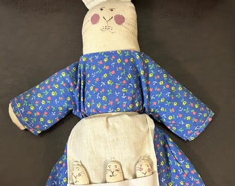 Vintage handmade stuffed bunny doll - 12” with 3 little bunnies in Apron pockets