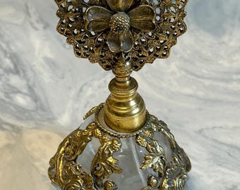 Vintage Matson Gold Ormolu Glass Crystal Perfume Bottle Metal Roses  Filigree