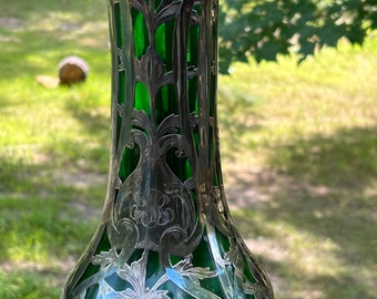 Antique Art Nouveau Alvin Sterling Silver Overlay on Emerald Green Glass 14” Vase.