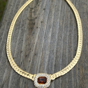 Vintage CHRISTIAN DIOR Gold Tone RHINESTONE Pendant Chocker Necklace
