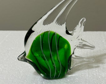 Vintage Green and White Striped Glass Fish Figurine