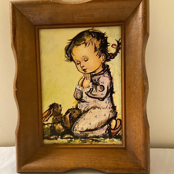 Vintage Little Girl Praying with Dog and Bunny Framed Print - 9.5” tall