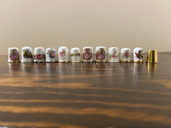 Vintage Porcelain Thimble Collection: Brass & Floral Designs, Set