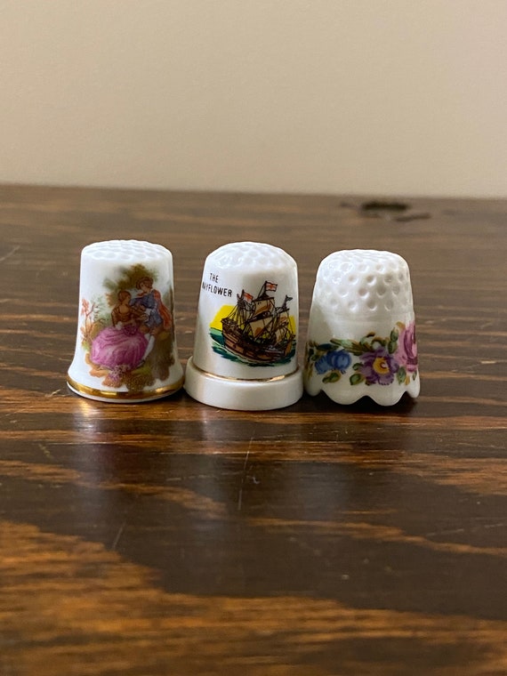 Vintage Porcelain Thimble Collection: Brass & Floral Designs, Set