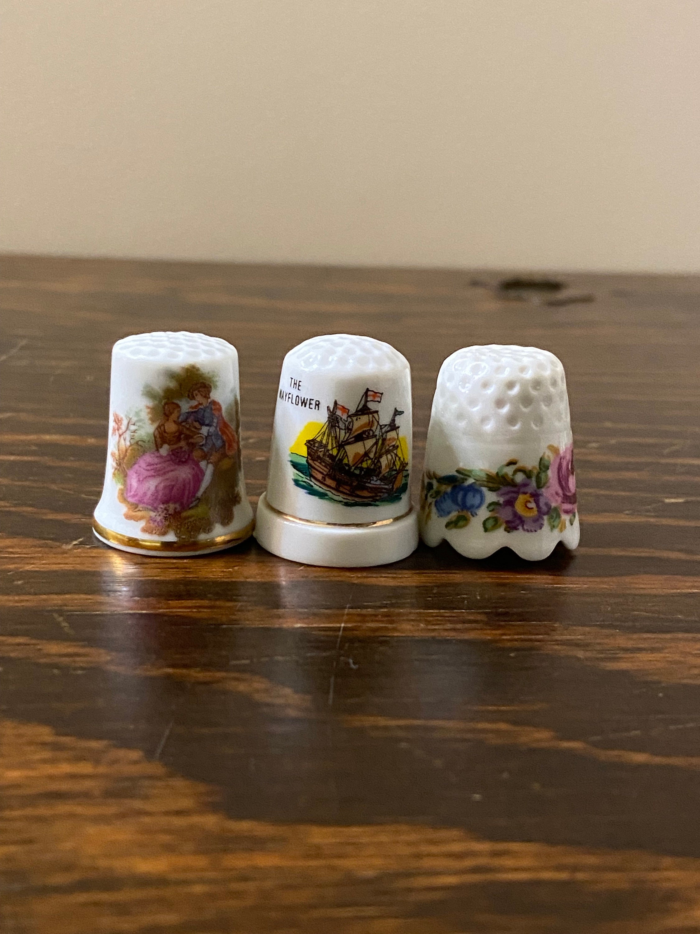 Vintage Porcelain Thimble Collection: Brass & Floral Designs, Set