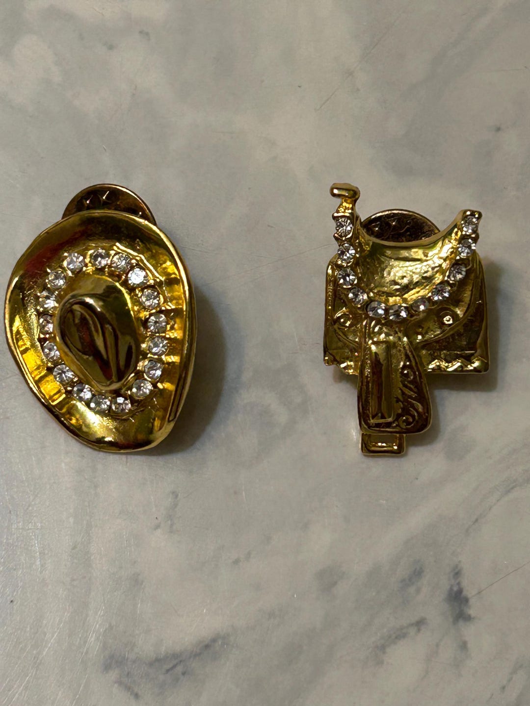 Vintage Gold Tone & Rhinestone Cowboy Hat and Horse Saddle Pins - Etsy