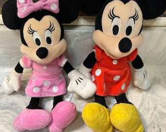 Vintage Minnie Mouse Plush Set: Pink & Red Polka Dot Dresses