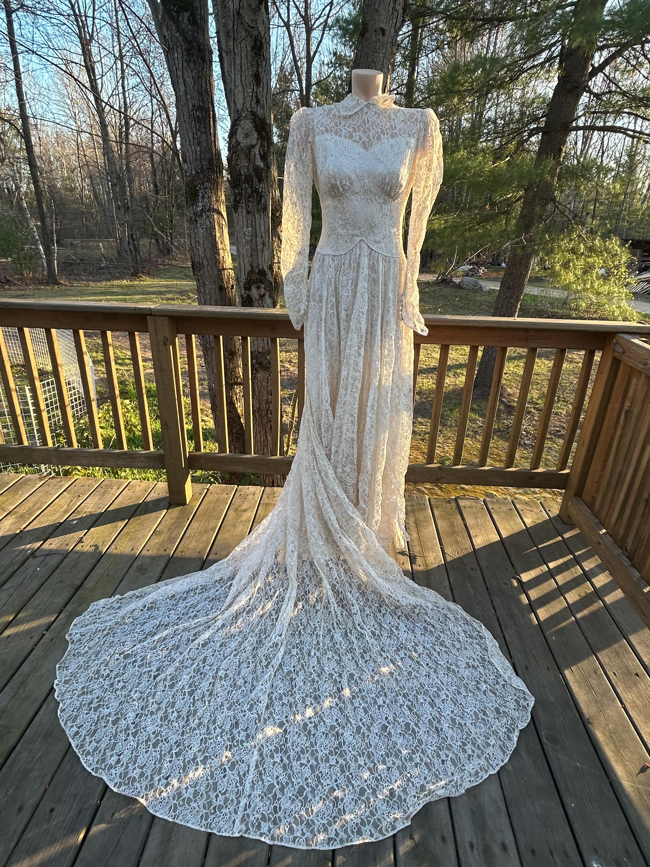 Vintage Ivory Color Victorian Style Wedding Dress - Bust - 34”, Waist- 24”