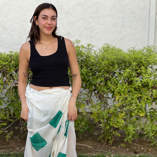 Green and White Sarong for Women, Handmade Silk Cotton Blockprint Sarong, Sarong for Women, Gift Ideas for Teachers and Women