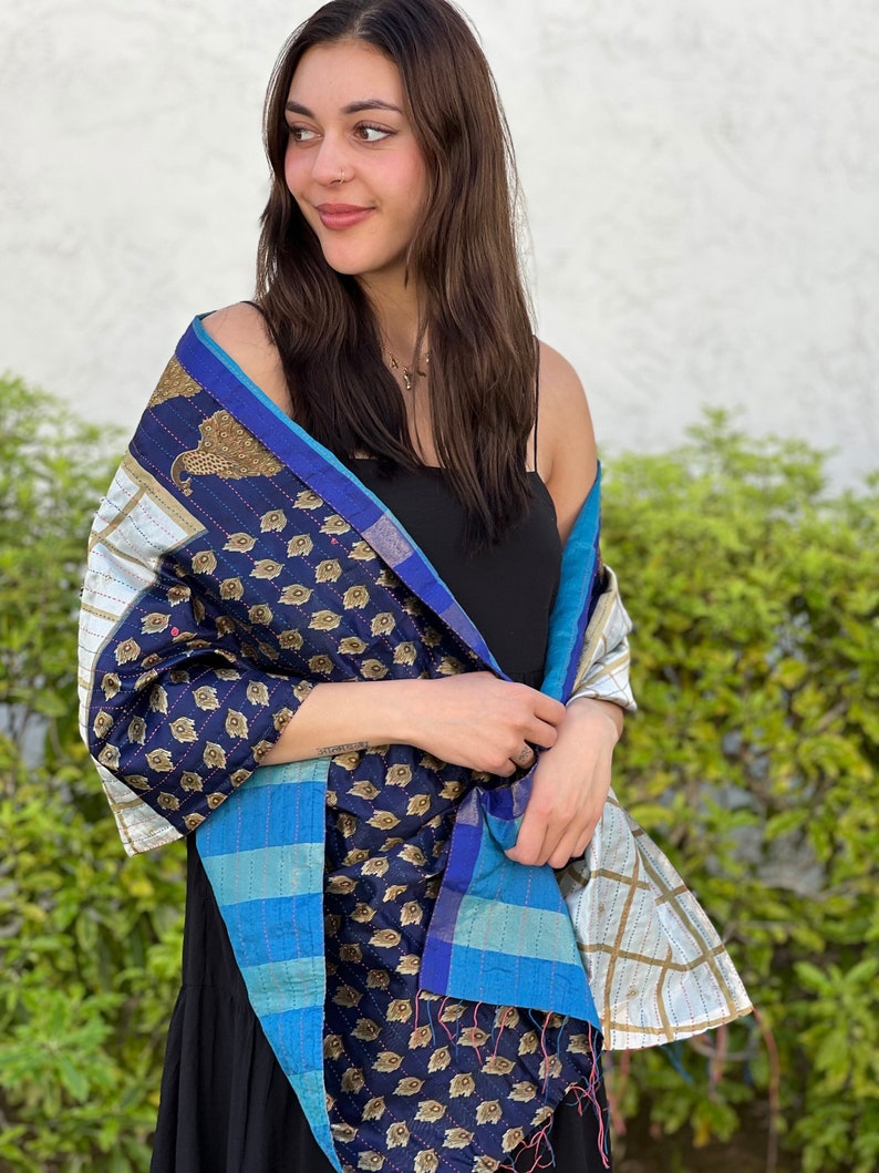 Blue Gold Silk Scarf Kantha, Beautiful Mother's Day Gifts for Mom, Birthday Gift, Teachers Gift, Gift Ideas for Girls, Handmade Silk Scarf image 1