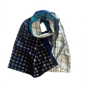 Blue Gold Silk Scarf Kantha, Beautiful Mother's Day Gifts for Mom, Birthday Gift, Teachers Gift, Gift Ideas for Girls, Handmade Silk Scarf image 2