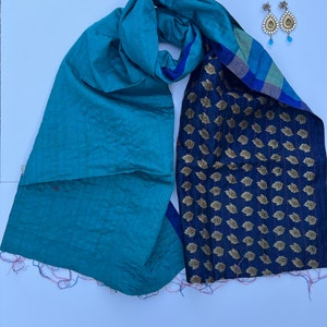 Blue Gold Silk Scarf Kantha, Beautiful Mother's Day Gifts for Mom, Birthday Gift, Teachers Gift, Gift Ideas for Girls, Handmade Silk Scarf image 4