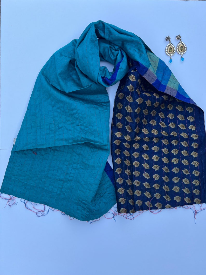 Blue Gold Silk Scarf Kantha, Beautiful Mother's Day Gifts for Mom, Birthday Gift, Teachers Gift, Gift Ideas for Girls, Handmade Silk Scarf image 4