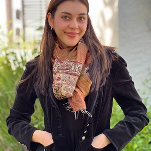 Brown and Gold Silk Scarf, Mother&#39;s Day Gift, Birthday Gift Ideas, Gift Ideas for Women and Girls, Handmade Silk Scarf, Kantha Scarf