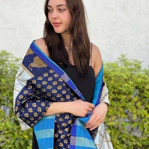 Blue Gold Silk Scarf Kantha, Beautiful Mother's Day Gifts for Mom, Birthday Gift, Teachers Gift, Gift Ideas for Girls, Handmade Silk Scarf image 9