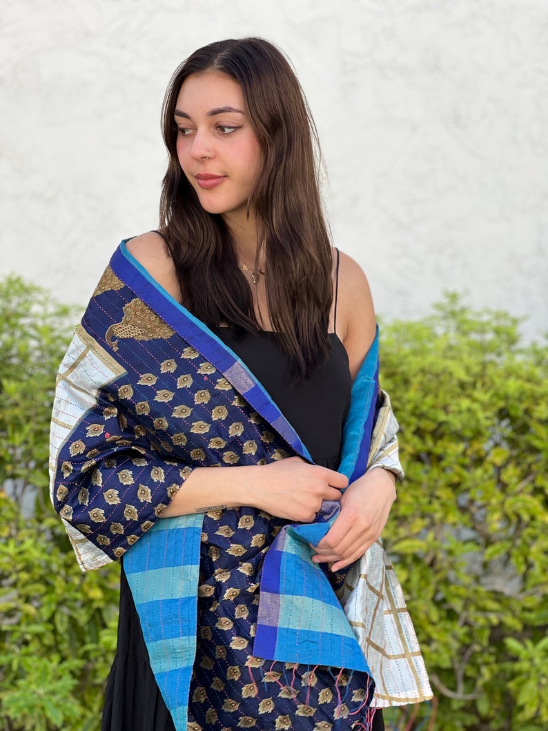 Blue Gold Silk Scarf Kantha, Beautiful Mother's Day Gifts for Mom, Birthday Gift, Teachers Gift, Gift Ideas for Girls, Handmade Silk Scarf image 9