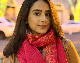 Red Pink Peacock Kantha Scarf