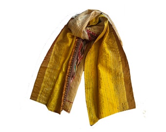 Gold Silk Scarf, Yellow Silk Scarf, Mother's Day Gift, Birthday Gift, Gift Ideas for Girls, Handmade Silk Reversible Scarf, Kantha Scarf