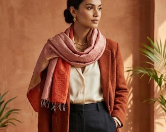 Bright Peach and Pink Silk Kantha Scarf: Handmade Embroidered Sari Panels