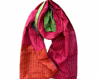 Pink and Green Silk Scarf for Women, Handmade Silk Kantha Scarf, Mother's Day Gift,  Birthday Gift, Silk Scarf for Women