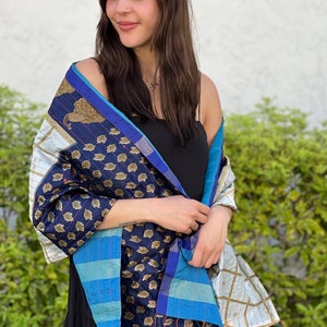 Blue Gold Silk Scarf Kantha, Beautiful Mother's Day Gifts for Mom, Birthday Gift, Teachers Gift, Gift Ideas for Girls, Handmade Silk Scarf image 8