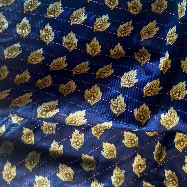 Blue Gold Silk Scarf Kantha, Beautiful Mother's Day Gifts for Mom, Birthday Gift, Teachers Gift, Gift Ideas for Girls, Handmade Silk Scarf image 5