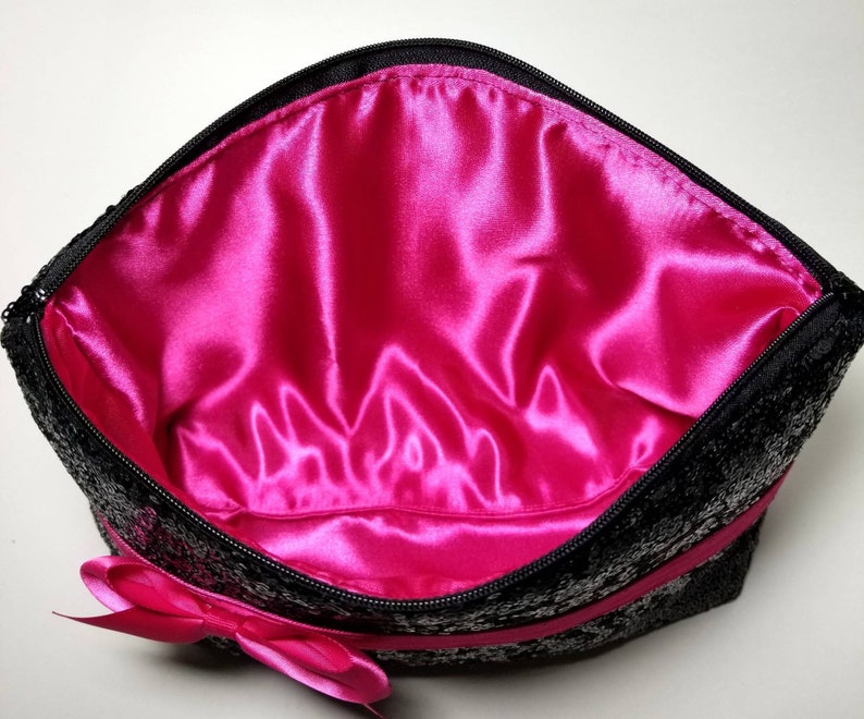 Black sequin diaper baby wipes holder bag pouch large makeup bag purse pink bow sparkly gift idea travel size personalized name heart