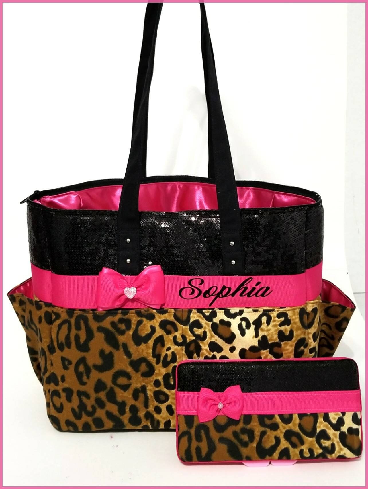 Cheetah Leopard diaper bag. Matching wipe case. Bow. Hot pink. Etsy