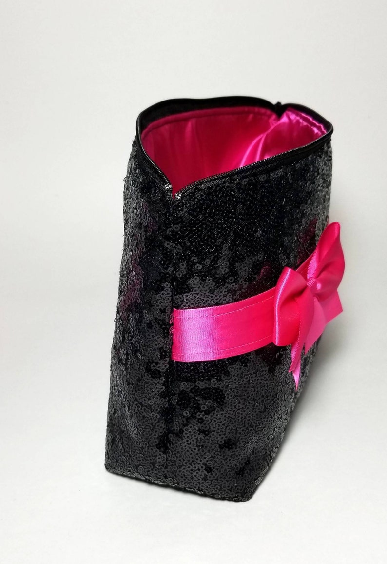 Black sequin diaper baby wipes holder bag pouch large makeup bag purse pink bow sparkly gift idea travel size personalized name heart