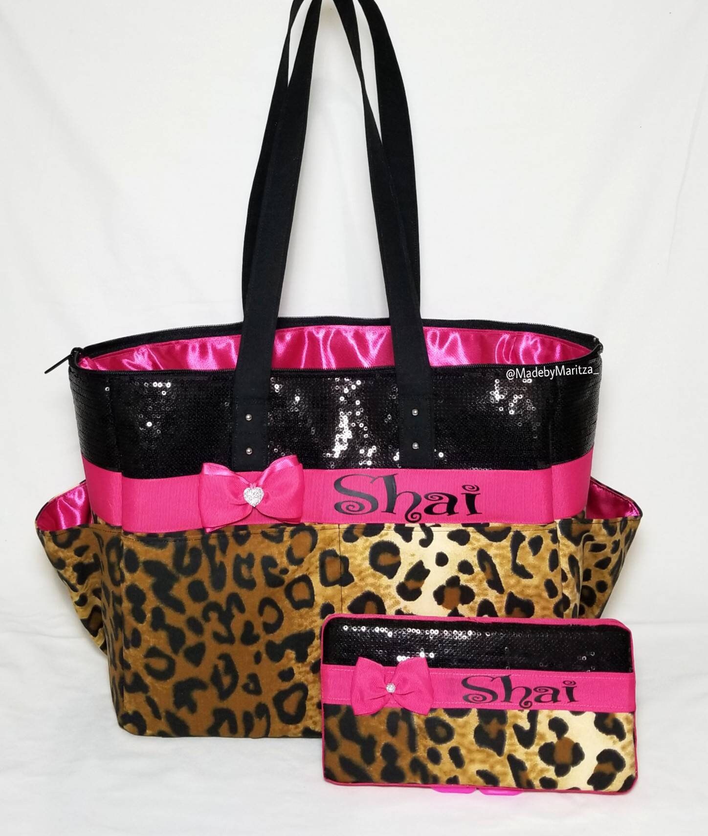 Cheetah Leopard diaper bag. Matching wipe case. Bow. Hot pink. Etsy