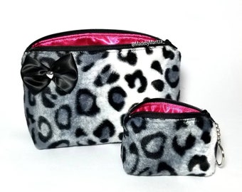 Black white Cheetah leopard fur cosmetic makeup bag coin purse set. Bow. Travel. Heart. Cute. Gift idea keychain