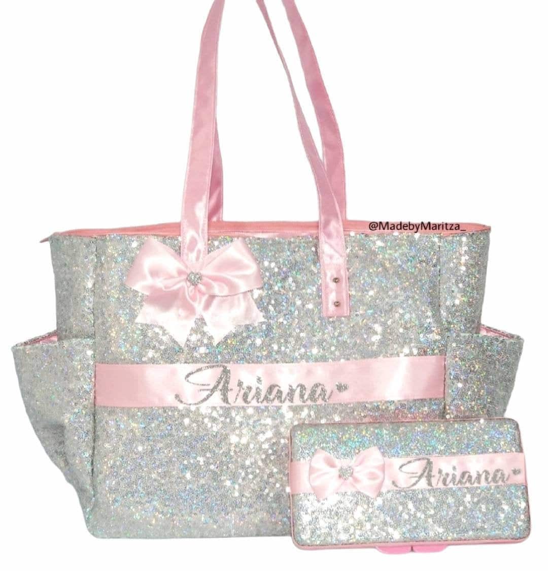 Personalized Silver Sparkly Sequin Diaper Bag Tote Purse. Name