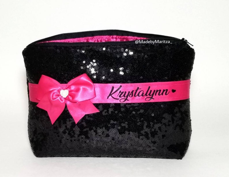 Black sequin diaper baby wipes holder bag pouch large makeup bag purse pink bow sparkly gift idea travel size personalized name heart
