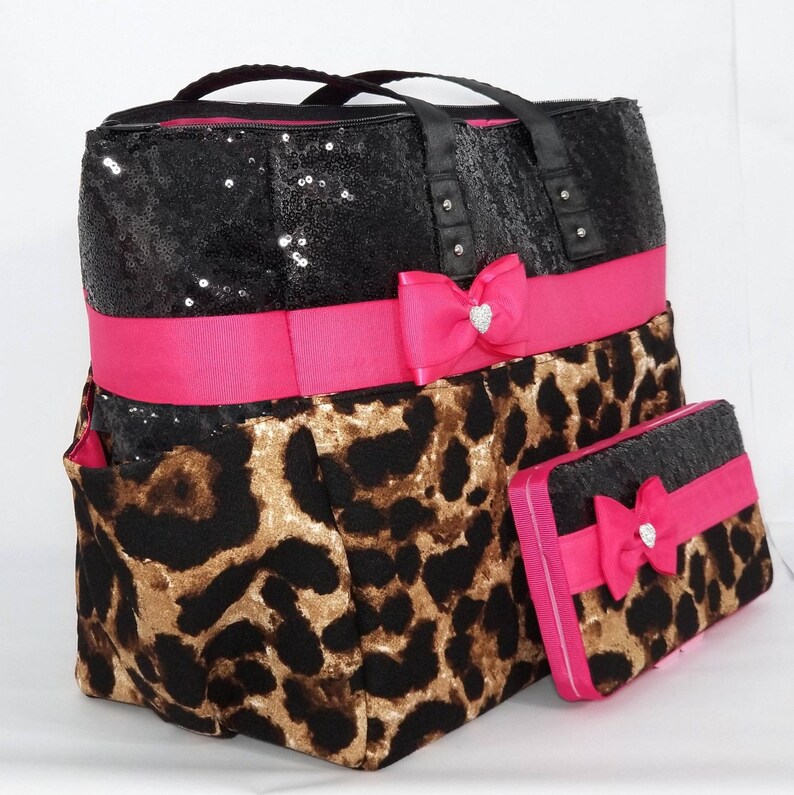 Cheetah Leopard diaper bag. Matching wipe case. Bow. Hot pink. Etsy